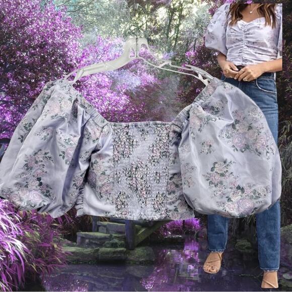 NWT Express Lavender Purple Floral Short Puff Sleeve Ruched Cropped Top Size XS - Picture 4 of 10